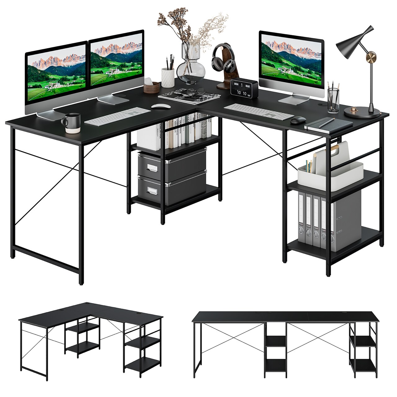 Costway 95'' Convertible L-shaped Corner Computer Desk 2-Person Long Desk Shelves Black